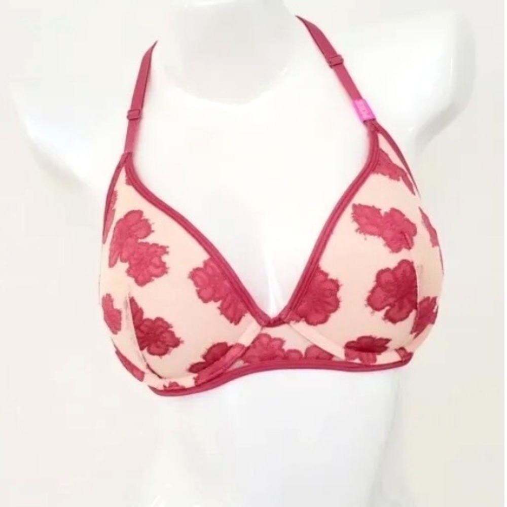 Victoria Secret Strappy Back Halter Unique Push Up Floral Mesh Lace Bra 34D